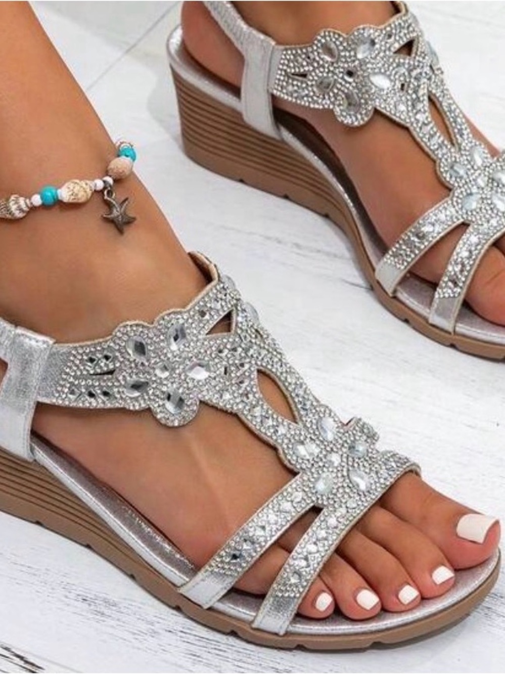Women’s Silver Embellished Wedge Sandals